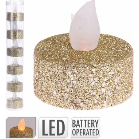 A round, glittery gold LED candle with a flickering flame effect.