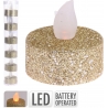 A round, glittery gold LED candle with a flickering flame effect.