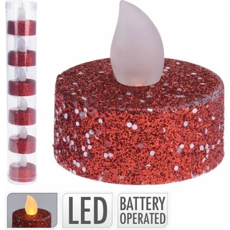 A round, glittery red candle with a soft, flickering flame-like LED on top.