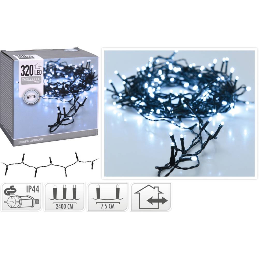 A tangled string of white LED lights on a dark wire, ideal for festive decorations.