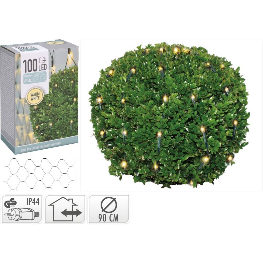 A round, lush green bush adorned with warm white LED lights, packaged for outdoor use.