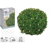 A round, lush green bush adorned with warm white LED lights, packaged for outdoor use.