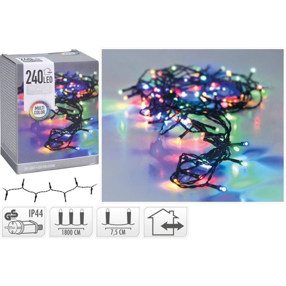A tangled string of multicolored LED lights on a reflective surface, vibrant and festive.