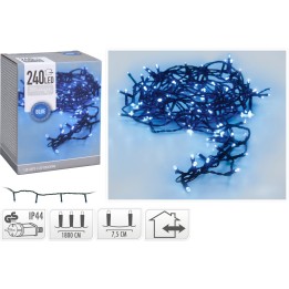 Een verpakking met blauwe LED-lampjes, met een lange, donkere snoer en heldere, witte lichtjes.