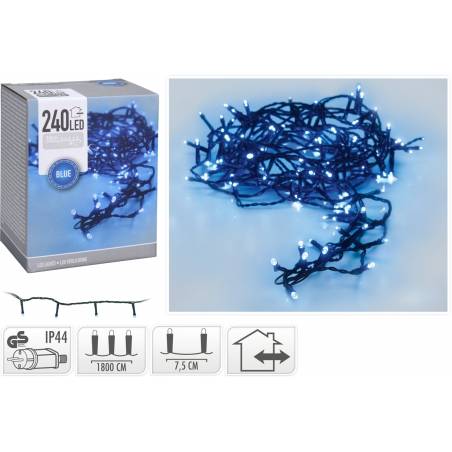 A bundle of blue LED string lights with a dark blue wire, displayed in a box.