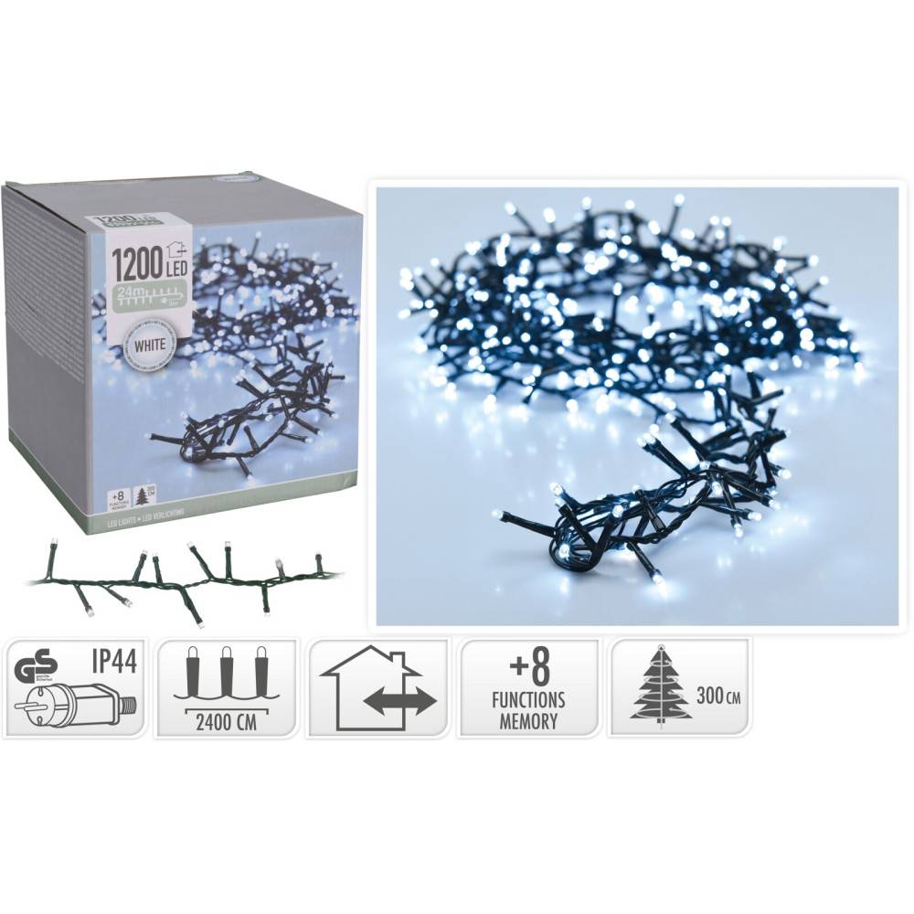 Een doos met 1200 witte LED-lampjes op een zwarte draad, geschikt voor binnen en buiten.