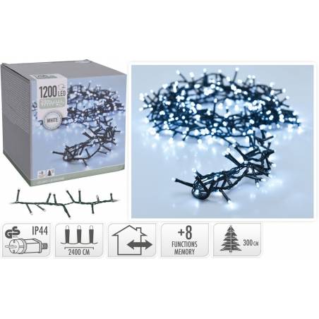 Een doos met 1200 witte LED-lampjes op een zwarte draad, geschikt voor binnen en buiten.