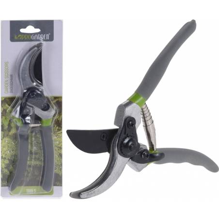A pair of sleek, black pruning shears with green accents, packaged neatly for sale.