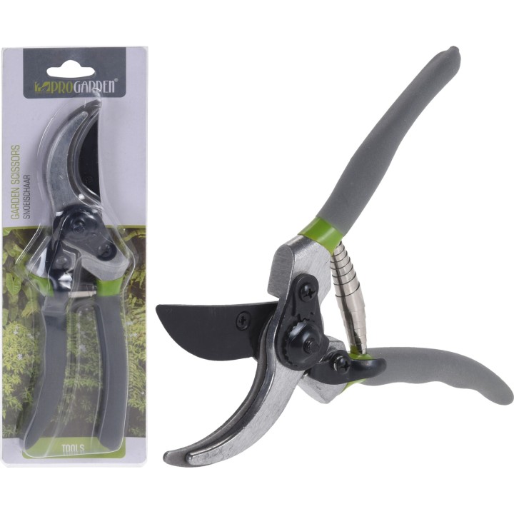 Tuinschaar met zwarte handvatten en zilverkleurige bladen, verpakt in een duidelijke doos.