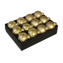 Een zwarte doos met twaalf glanzende gouden kerstballen in verschillende tinten.