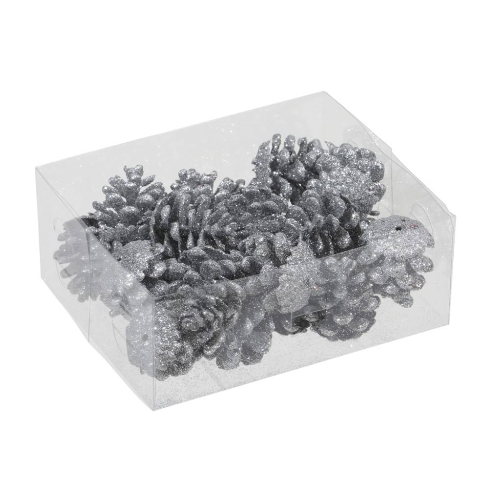 Glitterschitterende dennenappels in een doorzichtige doos, een feestelijke en decoratieve uitstra...