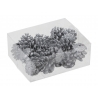 A clear box contains shimmering silver pinecones, elegantly arranged with a touch of sparkle.