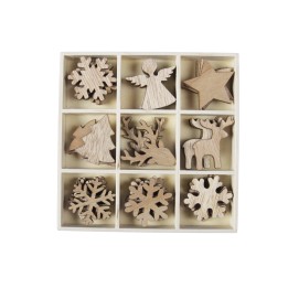 Houten kerstdecoraties in een vierkant doosje, met sneeuwvlokken, een engel, een ster, en een ren...