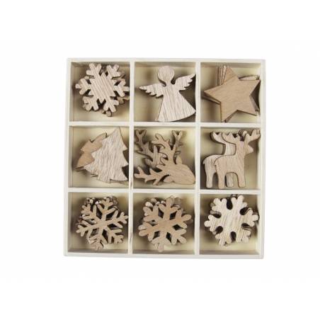 A wooden ornament set featuring festive shapes in a grid, including stars, snowflakes, and a rein...