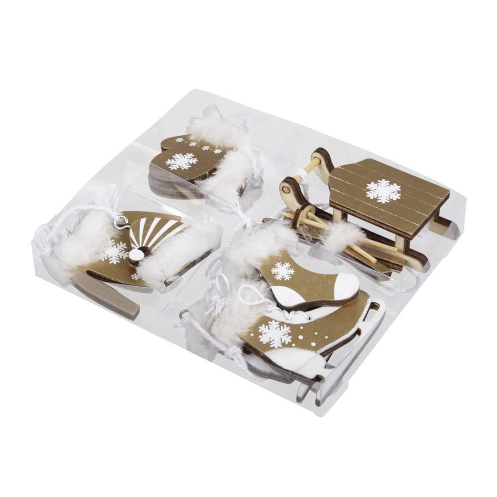 Wooden winter-themed decorations with snowflakes, soft white accents, and a cozy, festive vibe.