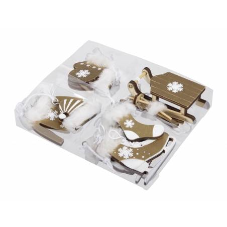 Wooden winter-themed decorations with snowflakes, soft white accents, and a cozy, festive vibe.