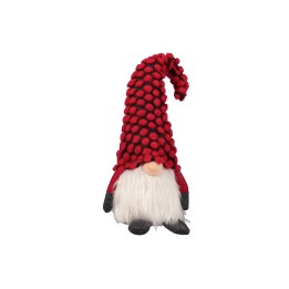 Een schattige gnome met een rode, bolletjesmuts en een witte, pluizige baard.