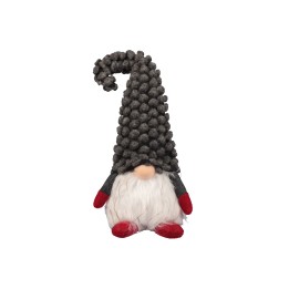 A whimsical gnome with a tall, curled hat, white beard, and red feet.