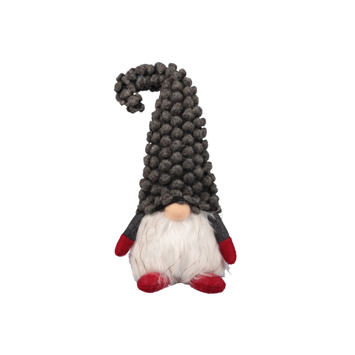 Een schattige gnoom met een lange, gekrulde hoed en een witte baard, in grijs en rood.