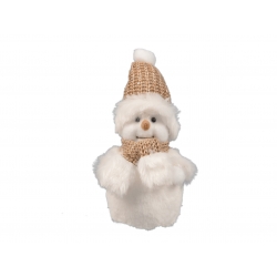 A cheerful white snowman with a knitted tan hat and scarf, featuring a cute smile.