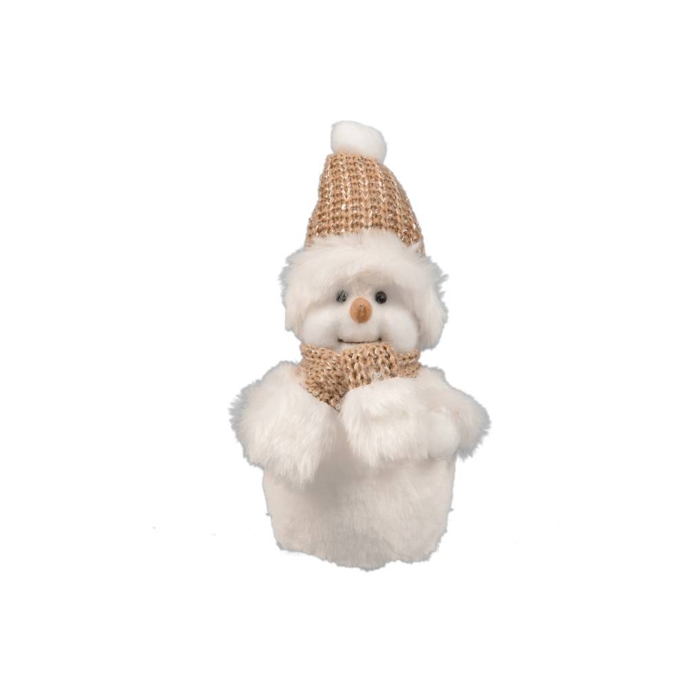 A cheerful white snowman with a knitted tan hat and scarf, featuring a cute smile.