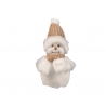 A cheerful white snowman with a knitted tan hat and scarf, featuring a cute smile.