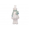 A glossy white snowman figurine wearing a mint green scarf and a top hat.