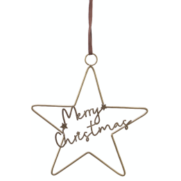 Gouden metalen sterhanger met de tekst "Merry Christmas" en een bruine lint.