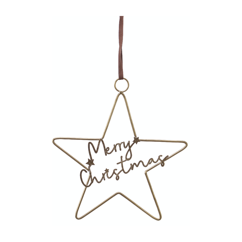 A gold wire star ornament with "Merry Christmas" elegantly scripted inside it.