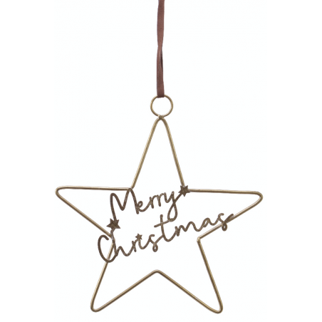 A gold wire star ornament with "Merry Christmas" elegantly scripted inside it.