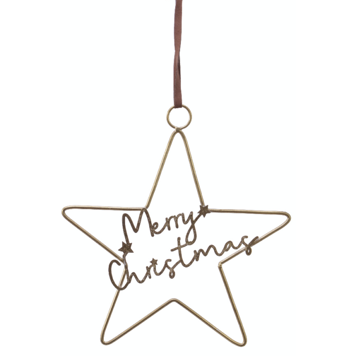 Gouden metalen sterhanger met de tekst "Merry Christmas" en een bruine lint.