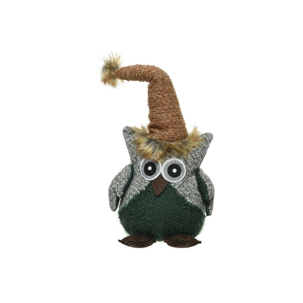 A cute, round owl plush in green and gray, wearing a textured brown hat with a fluffy trim.