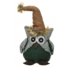 A cute, round owl plush in green and gray, wearing a textured brown hat with a fluffy trim.