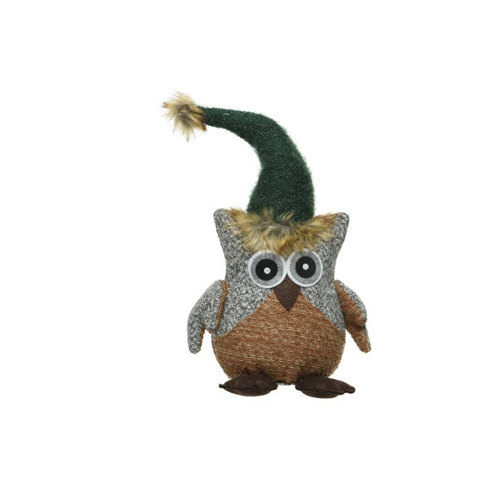 Een schattige uil met een groene puntmuts en grote ogen, gemaakt van stof en garen.