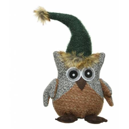 Een schattige uil met een groene puntmuts en grote ogen, gemaakt van stof en garen.