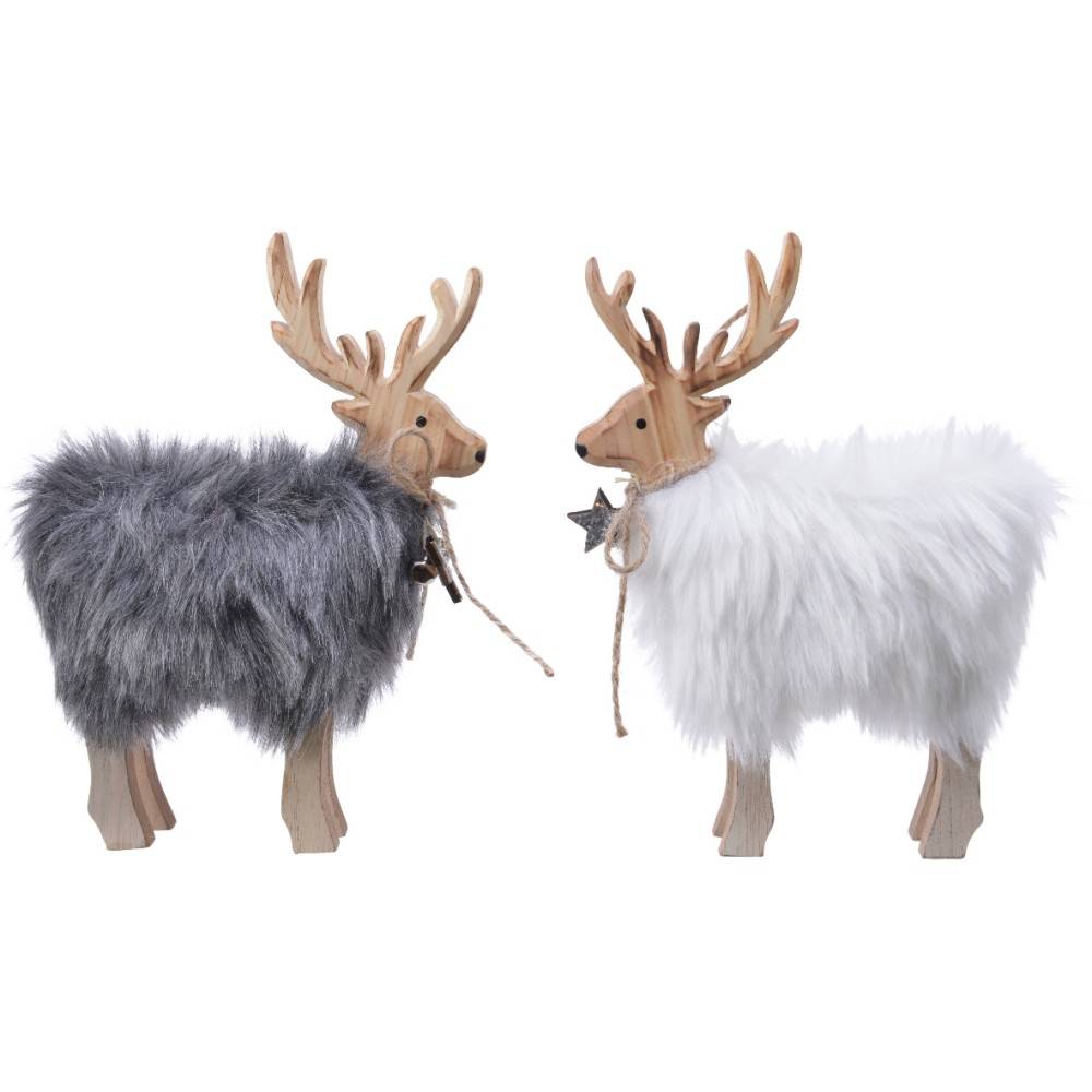 Two decorative reindeer, one gray and one white, with fluffy fur and wooden antlers.