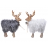 Two decorative reindeer, one gray and one white, with fluffy fur and wooden antlers.