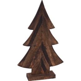 Houten kerstboom in donkere tinten, met driehoekige takken en stevige voet.