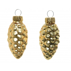 Two shiny gold pinecone ornaments with a textured surface, reflecting light beautifully.