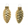 Two shiny gold pinecone ornaments with a textured surface, reflecting light beautifully.