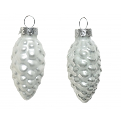 Two glass pinecone ornaments, shimmering silver with textured surfaces, reflecting light.
