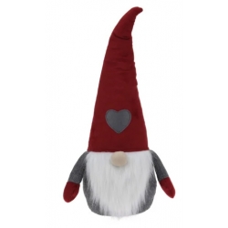 Een schattige gnome met een lange rode puntmuts, grijze body en een witte baard.