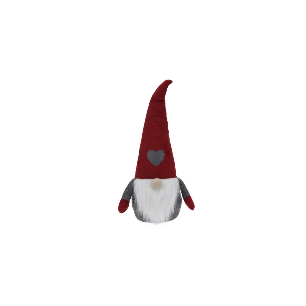 Een schattige gnome met een lange rode puntmuts, grijze body en een witte baard.