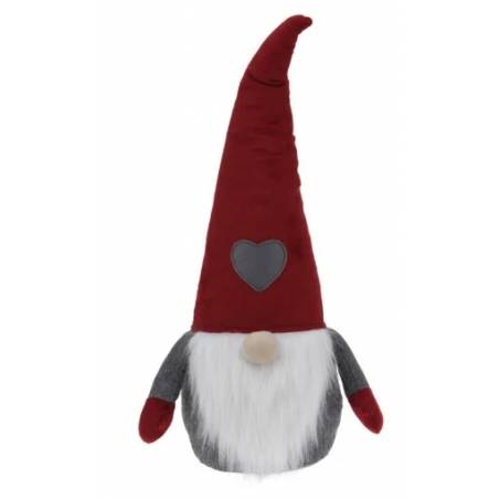 A whimsical plush gnome with a tall red hat, gray body, and fluffy white beard.
