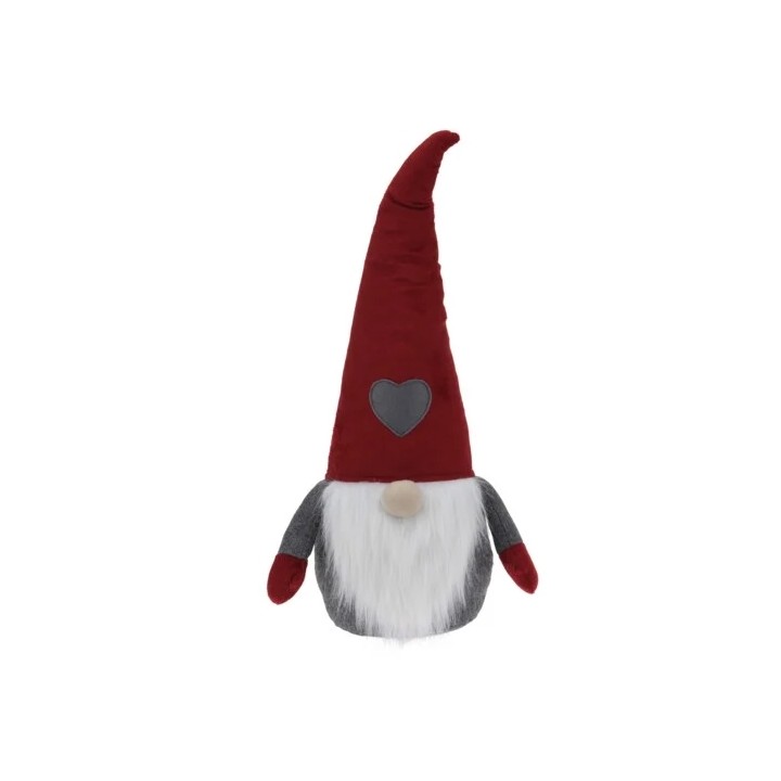 Een schattige gnome met een lange rode puntmuts, grijze body en een witte baard.