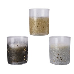 Drie glazen kaarsenhouders met glitters en sterren in zwart, goud en zilver.