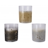 Three glittery candle holders with a gradient of gold, silver, and black, adorned with star shapes.