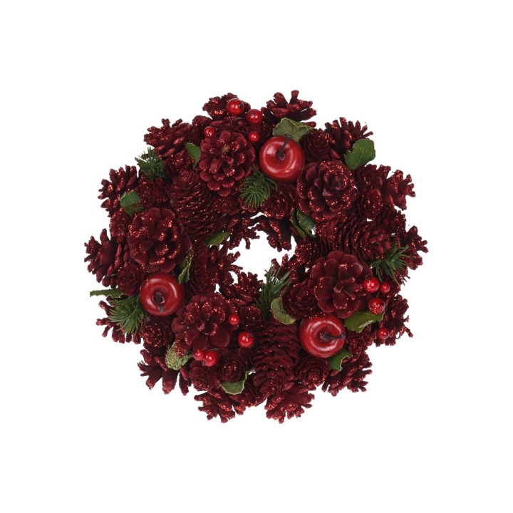 Dieprode kerstkrans met dennenappels, glanzende bessen en groene bladeren.
