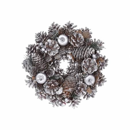 A snowy, frosted wreath adorned with pinecones and silver accents.