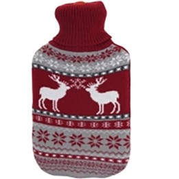 A cozy red and gray hot water bottle cover with reindeer and snowflake designs.